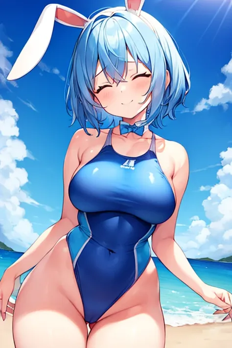 1girl, rabbit ears, bunny ears, light blue hair, very short hair, closed eyes, large breasts, wide hips, thick thighs, one-piece swimsuit, competition swimsuit, blue swimsuit, orange trim, highleg, beach, blue hair, smile, animal ears, animal ear fluff