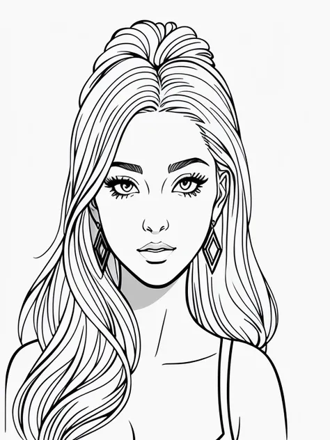 a drawing of a woman with long hair and earrings, lineart behance hd, outline art, line art illustration, bold lineart, clean coloring book page, illustration black outlining, black and white line art, illustration line art style, black and white coloring,...