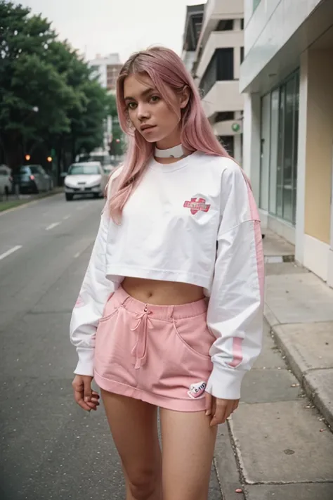 35mm photo of a woman wearing white streetwear clothes. Shot on analog film camera. Old pink and mint color grading