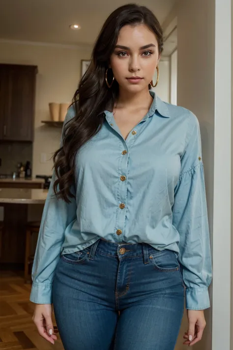 An image of a woman with an alluring gaze and a soft smile, her dark wavy hair gently lifted by her hand. Her natural makeup accentuates her features, with prominent eyebrows and warm eyes. She is wearing a light teal, long-sleeved button-up shirt with vis...