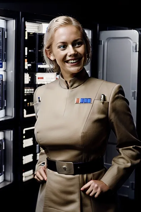 young woman with blonde hair in imperialofficer uniform smiling, large breasts, is guarding the entrance to a giant server room full of golden computers, 8k uhd, dslr, soft lighting, high quality, film grain,masterpiece quality,Fujifilm 