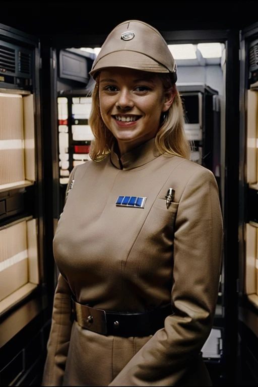 young woman with blonde hair in imperialofficer uniform smiling, large breasts, is guarding the entrance to a giant server room full of golden computers, 8k uhd, dslr, soft lighting, high quality, film grain,masterpiece quality,Fujifilm 