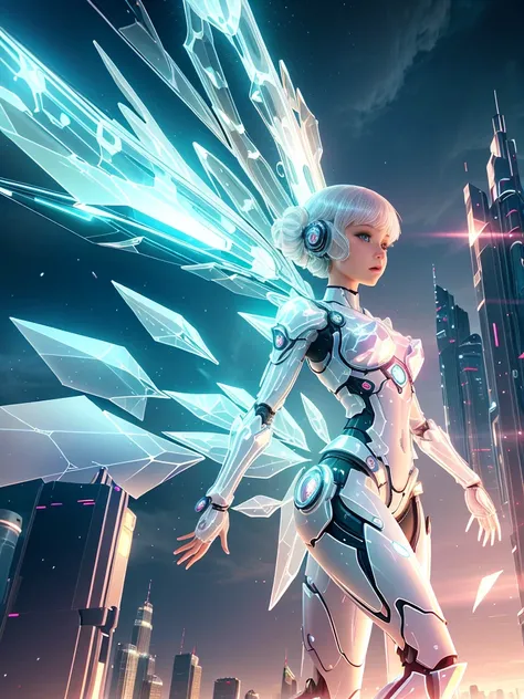 Translucent ethereal mechanical girl，Futuristic girl，Mechanical joint，futuristic city background