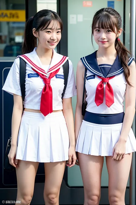 Two girls standing at a crowded bus stop,White sailor school swimsuit,Red Tie,Small school bag,18 years old,Bangs,a little smile,thigh,knees,crotch,short hair,ponytail,from below