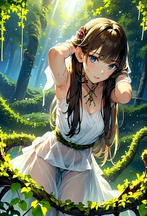 ((masterpiece)), ((best quality)), (ultra-detailed),(in the forest),(monster plant),(((many vine wrap arotnd the body))),a cute girl, 1girl, solo, (white girly dress),((many vine bound arms)), ((thin waist)),large breast, slim, slender,beautiful brown hair...