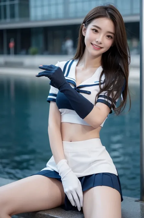 1 pretty female student, Brown_hair, Moderate_bobhair_hair, blue_diaphragm_bearings_sailor_, mini_skirt, short_sleeve, 大leg 大leg 大leg 大leg, big deal_, angry, Smile, Open_Mouth, permanent, port_background, slightly_spread_leg, happy, national foundation, sh...