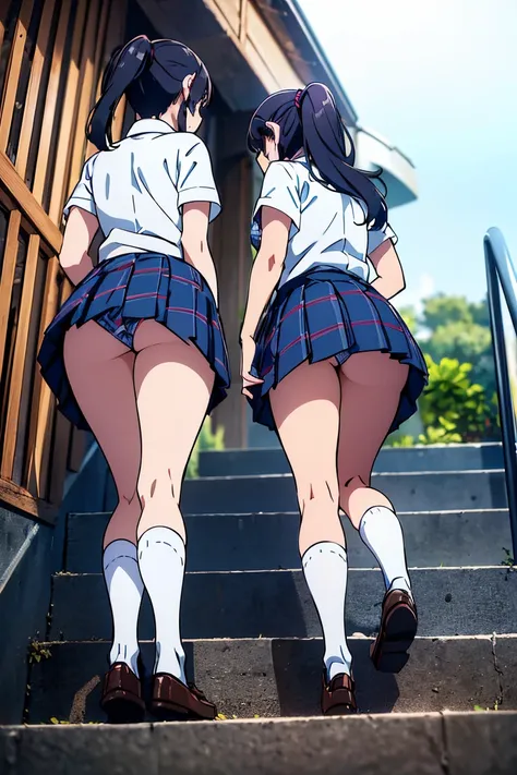 ((highest quality, 8K, RAW photo)), sharp focus 1.5,((Three schoolgirls were lined up))twin tails,ponytail,shortcut,Rear view((When you go down the stairs at the station))((pants 3 people)),(((Low angle blue plaid mini skirt)))(((loose socks,loafers)))((fr...