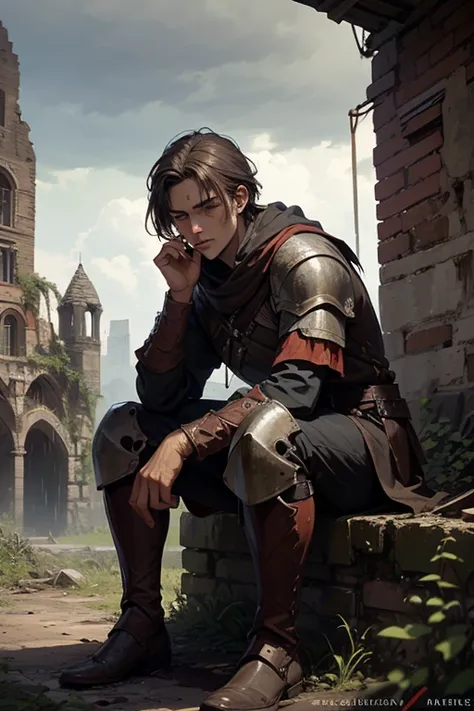 
A roman soldier. He is 24 years old. He has straight brown hair, brown eyes. He is wearing armor with blood stains on the armor. He has blood stains all over himself. He is smoking. He is full of sorrow. 

He is in a ruined medieval town. He is sitting ou...