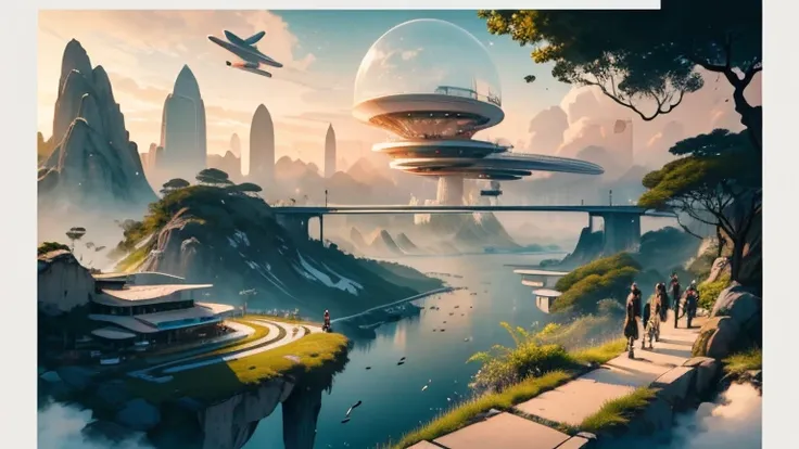 best quality, high quality, white background, scenery, ink, futuristic floating city,futuristic technology,Huge high-tech urban tablet platform,blimp,Floating in the sky,futuristic city,Small airships around,High-tech hemispherical platform,Colorful lights...