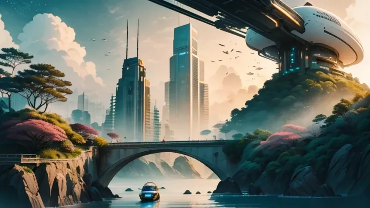 best quality, high quality, white background, scenery, ink, futuristic floating city,futuristic technology,Huge high-tech urban tablet platform,blimp,Floating in the sky,futuristic city,Small airships around,High-tech hemispherical platform,Colorful lights...