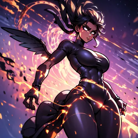 (1girl), (Iconic HawkgirL), in focus, photograph, (stylized, comic-book realism), (full body shot), wings spread wide, chest area accentuated, big breasts, detailed musculature, defined arms, wings feathers ruffled, intense gaze, red and gold armor, golden...