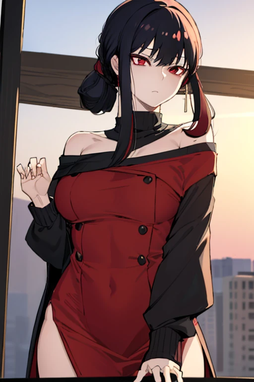 yorbriar, Yor Briar, black hair, (red eyes:1.5), earrings, gold hair band, hair band, long hair, side lock, (medium breasted:1.2),
break bare shoulders, clavicle, dress, long sleeve, off shoulder, off-shoulder dress, off-shoulder sweater, pantyhose, red sw...