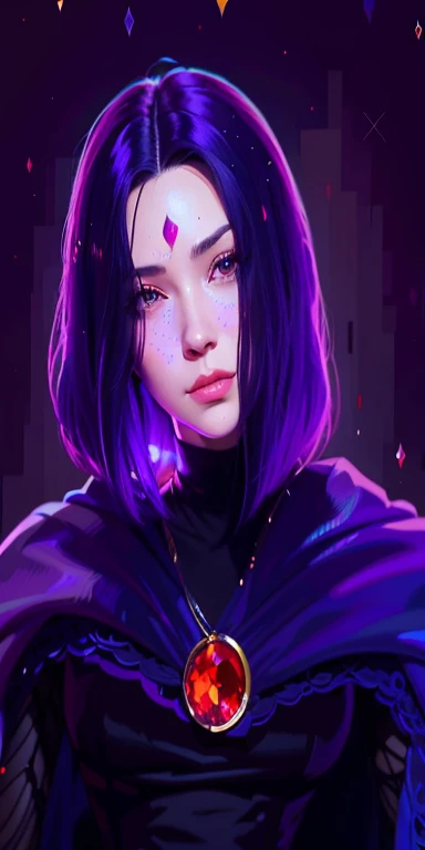 um desenho de uma mulher com cabelo roxo e um anel vermelho, Retrato do Corvo, pintura digital rossdraws, Retrato do Destino de Sandman, fanart oficial, fanart de alta qualidade, arte digital Ilya Kuvshinov, made with anime painter studio, mago de cabelo p...