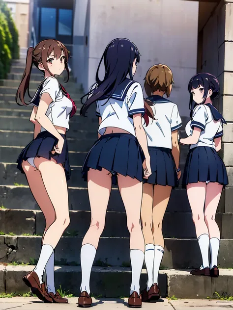 ((highest quality, 8K, RAW photo)), sharp focus 1.5,((gal high school girl３people were lined up))twin tails,ponytail,shortcut,Rear view((When you go down the stairs at the station))((pants 3 people)),(((Low - Angle,sailor suit,mini skirt)))(((loose socks,l...