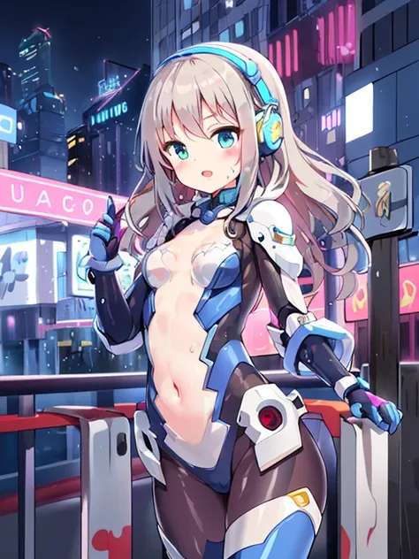 ((masterpiece:1.4、highest quality))+、(super detailed)+、
1 girl、cyberpunk city、flat chest、headphone、wavy hair、mecha clothes、(robot girl)、Cool move、Silver Bodysuit、colorful background、Wet day、(lightning effect)、Silver Dragon Armor、(cold face)、cowboy shot、pre...