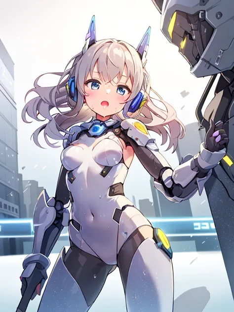 ((masterpiece:1.4、highest quality))+、(super detailed)+、
1 girl、cyberpunk city、flat chest、headphone、wavy hair、mecha clothes、(robot girl)、Cool move、Silver Bodysuit、colorful background、Wet day、(lightning effect)、Silver Dragon Armor、(cold face)、cowboy shot、pre...