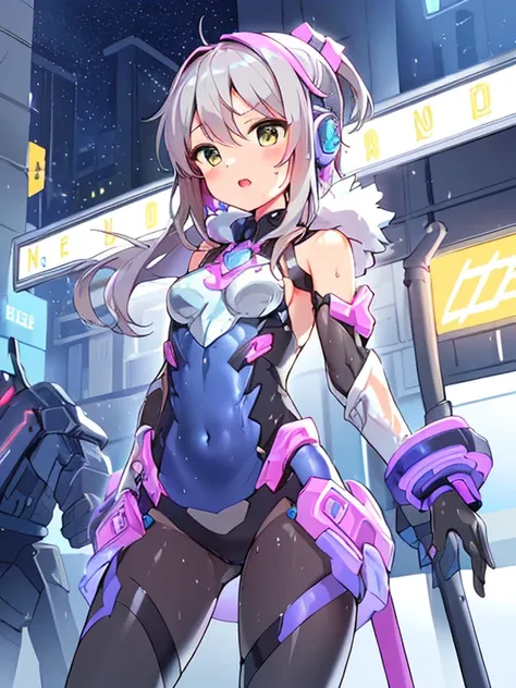 ((masterpiece:1.4、highest quality))+、(super detailed)+、
1 girl、cyberpunk city、flat chest、headphone、wavy hair、mecha clothes、(robot girl)、Cool move、Silver Bodysuit、colorful background、Wet day、(lightning effect)、Silver Dragon Armor、(cold face)、cowboy shot、pre...