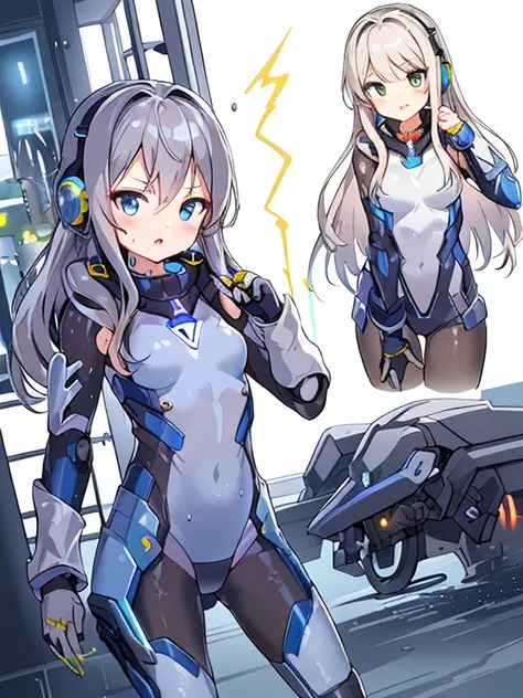 ((masterpiece:1.4、highest quality))+、(super detailed)+、
1 girl、cyberpunk city、flat chest、headphone、wavy hair、mecha clothes、(robot girl)、Cool move、Silver Bodysuit、colorful background、Wet day、(lightning effect)、Silver Dragon Armor、(cold face)、cowboy shot、pre...