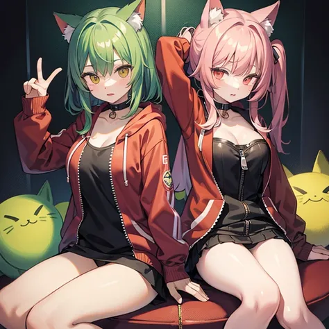 Green hair long、Cat ear、red eye、hoodie、Open the zipper a little and you can see the cleavage、1 girl、sitting