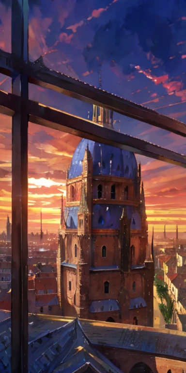 、Depiction looking up from below a medieval European metropolis、Highlighted view、The sunset is beautiful in the evening.