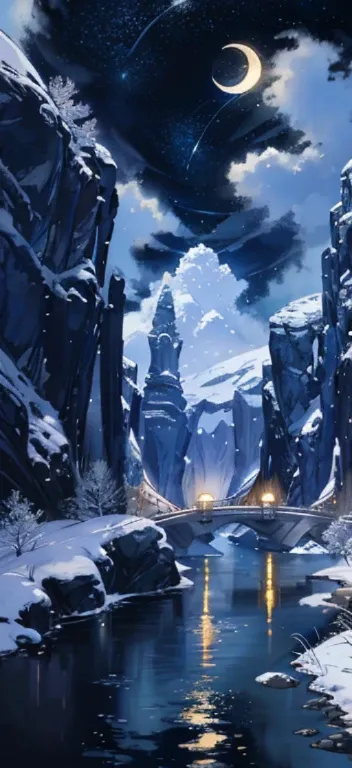 Painting of a river with stars and moon in the sky, concept art inspired by Tosa Mitsuoki, pixiv contest winner, fantasy art, beautiful anime scene, moonlight starry environment, painting of a dreamscape, anime background art, dream scenery art, Dreamy nig...