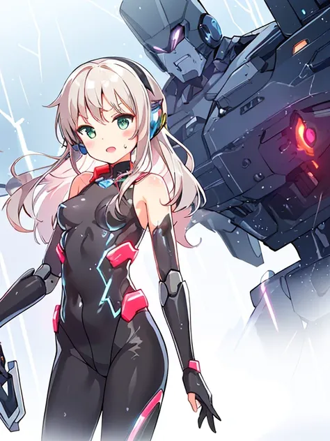 ((masterpiece:1.4、highest quality))+、(super detailed)+、
1 girl、cyberpunk city、flat chest、headphone、wavy hair、mecha clothes、(robot girl)、Cool move、Silver Bodysuit、colorful background、Wet day、(lightning effect)、Silver Dragon Armor、(cold face)、cowboy shot、pre...