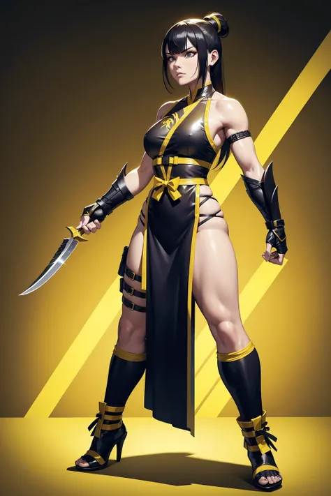 a girl dressed in yellow and black holding a knife, Mortal Kombat character, Mortal Kombat scorpion, mortal kombat goro, fighting game character, high detail iconic character, inspired by Fan Kuan, inspired by Yang Jin, inspired by Li Kan, king of fighters...