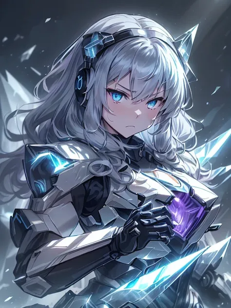 最high quality、best image quality、masterpiece、with a girl((black and white mecha suit、Glowing mech suit、18-year-old、teenager、cute、vest bust、big bust,Beautiful shining purple eyes、wide open chest, messy silver hair、long hair、Slender,big valley、belligerent mo...