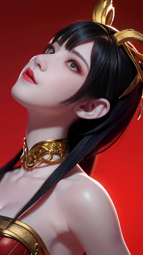 Excellent, masterpiece, black hair, golden eyes, red group, looking up, upper body, hair, red theme