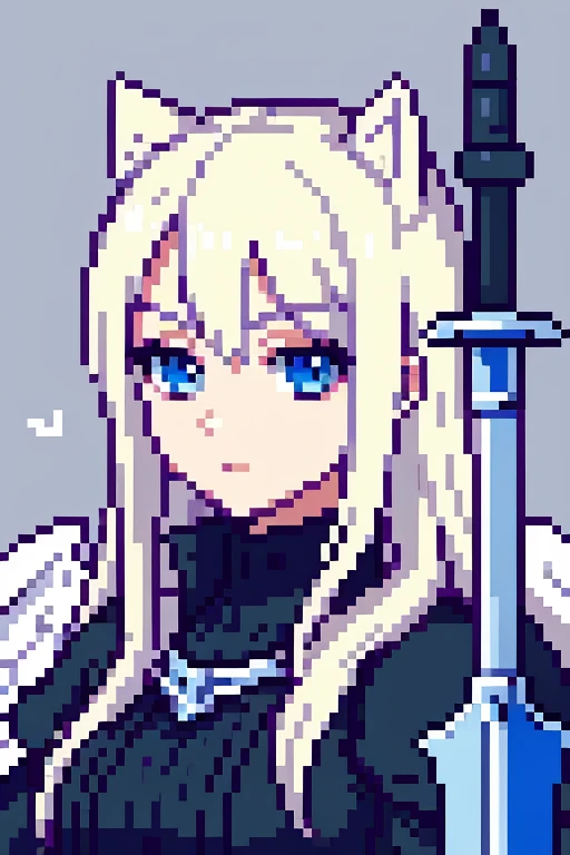 Adult woman with long platinum blonde hair, white cat ears, blue eyes, haughty, black medieval knight armor, white angel wings, wielding a greatsword, gothic castle background, style of one piece, portrait, 