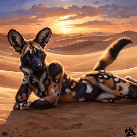 solo, anthro, African Wild Dog, feminine body, shy, male, shaggy fur, tail, beautiful eyes, perfect eyes, symmetrical eyes, (black retinas:1.2), detailed background, sahara desert background, dusk, photorealistic, ultra realistic, 8k, (by blotch), setting ...