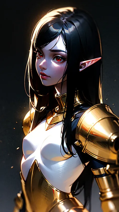 RAW, professional photograph, medium shot, photorealistic, hyper-realistic, ray tracing, super detail, UHD, 8k, female elf, golden armor, twenty years old, athletic body, flat chest, soft facial features, long hair, straight hair, black hair, red eyes, gra...