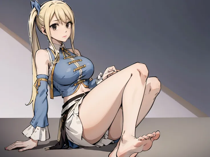 absurdres, high res, ultrasharp, 8K, masterpiece, showing feets, barefoot, hand holding feet, lucy heartfilia, blonde hair, long hair, twintails, large breasts, white shirt, sleeveless, belt, blue skirt, detached sleeves, midriff, cropped vest, strapless, ...