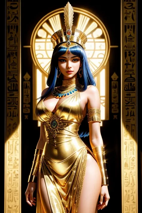 A portrait of a drop dead gorgeous Cleopatra, with intricate and detailed golden headdress adorning her bald head, dressed in a shimmering royal Egyptian gown, revealing her fit and slim waist, hourglass figure, and seductive curve, capturing her captivati...