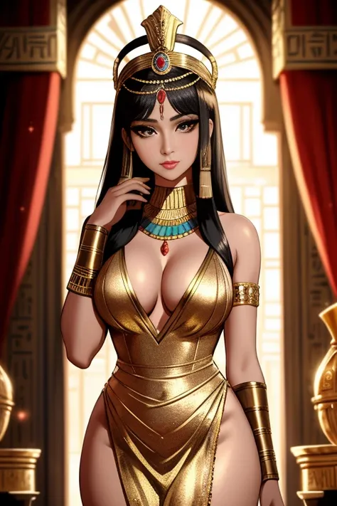 A portrait of a drop dead gorgeous Cleopatra, with intricate and detailed golden headdress adorning her bald head, dressed in a shimmering royal Egyptian gown, revealing her fit and slim waist, hourglass figure, and seductive curve, capturing her captivati...