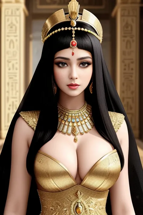 A portrait of a drop dead gorgeous Cleopatra, with intricate and detailed golden headdress adorning her bald head, dressed in a shimmering royal Egyptian gown, revealing her fit and slim waist, hourglass figure, and seductive curve, capturing her captivati...