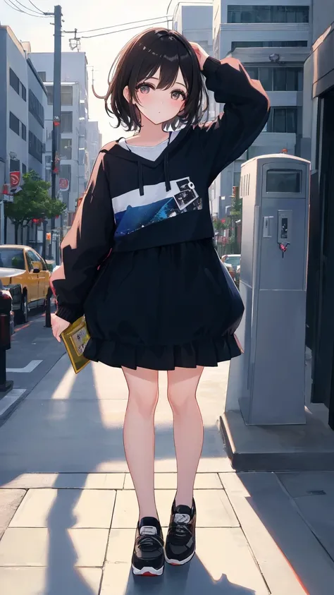 (masterpiece, highest quality: 1.3), (16k, high resolution: 1.3), Street corner, old phone booth, cute  leaning on the phone booth and looking up at the sky, its raining, young and cute one anime woman, beautiful face, sunshine, cinematic light, (full body...