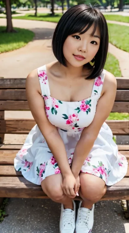 an asain cute lady,round face,short,chubby,black bob hair,wearing white pink dress with floral pattern and black shoes.she is si...