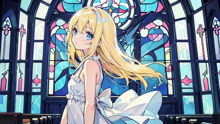 (from side, upper body), (1 girl, blonde hair, blue eyes, white sundress, kawaii), (abandoned church, blue stained glass)