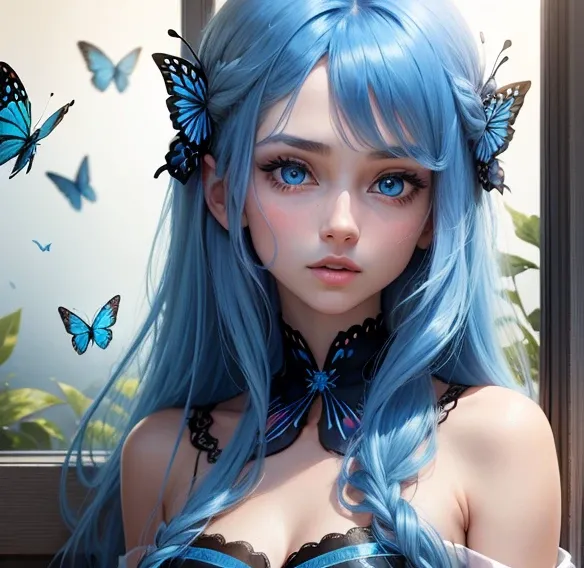 blue eyes blue butterfly blue butterfly blue hair long hair blue butterfly hair ornament countless blue butterflies