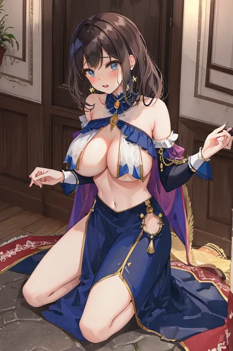 A woman with big ，Young princess，victorian style，clavicle，Prominent and smooth underboob，exquisite，pubic，at the banquet，kneeling，incontinence，