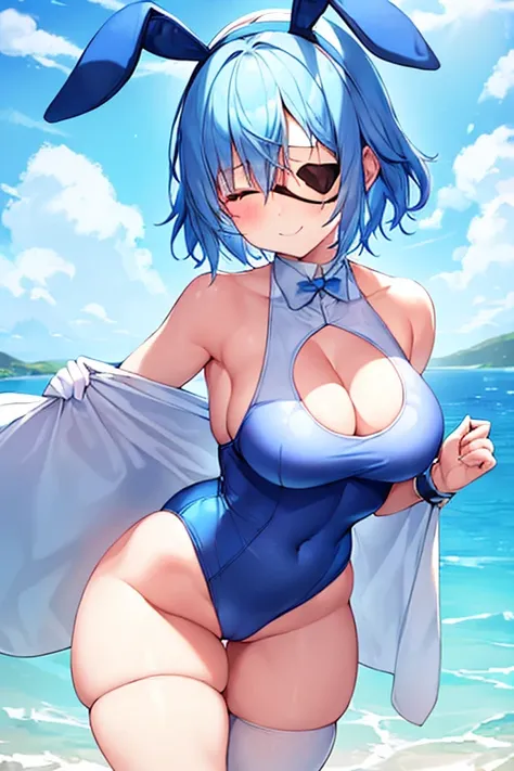 1girl, rabbit ears, bunny ears, light blue hair, very short hair, closed eyes, large breasts, wide hips, thick thighs, one-piece swimsuit, competition swimsuit, blue swimsuit, highleg, beach, blue hair, smile, animal ears, animal ear fluff, eyepatch, ((eye...