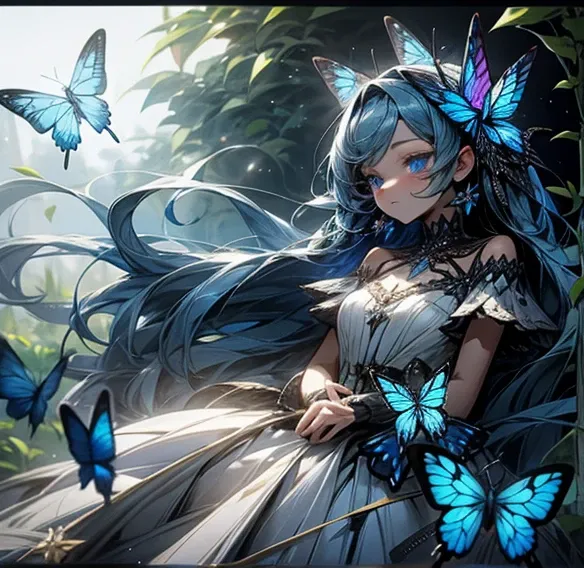 blue eyes blue butterfly blue butterfly dark blue hair long hair blue butterfly hair ornament countless blue butterflies blue butterfly dress