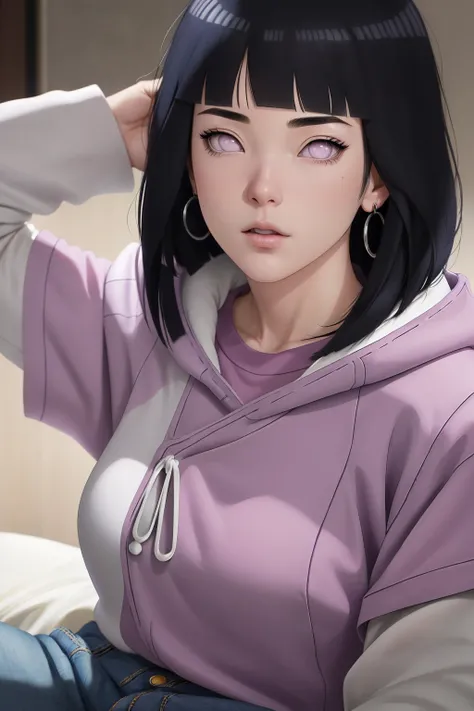 { - anatomy error} (Masterpiece - Ultra-detailed, very high resolution) , absurdities, Hinata(Boruto), 1girl, alone,Mature female, Purple hood, layered white sleeves, jeans, perfect composition, full lips, big chest, beautiful face, body proportion, blushi...