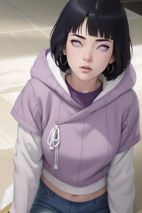 { - anatomy error} (Masterpiece - Ultra-detailed, very high resolution) , absurdities, Hinata(Boruto), 1girl, alone,Mature female, Purple hood, layered white sleeves, jeans, perfect composition, full lips, big chest, beautiful face, body proportion, blushi...