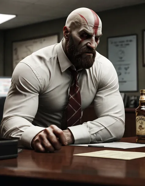 kratos working in a cubicle is looking at a bottle of liquor on his desk. he's furious that he has to work overtime. the clock s...