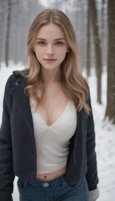 Junge Frau mit blonden langen Haaren, she smiles, she wears makeup and lip gloss, sie steht im Schnee, Sonne, Full body recording, schwarze Boots, blaue Jeans, Mantel, Ohrringe, Schmuck, Ultra quality, high-level image quality, Ultra realistic, best qualit...