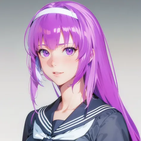 Anime girl with purple hair and a sailor suit, Anime style 3D, Misato Katsuragi, Rendering of anime girls, かわいい 3 d Rendering of anime girls, kasumi arimura style 3/4, yayoi kasuma, realistic young anime girl, Smooth anime CG art, long hair, headband, smil...