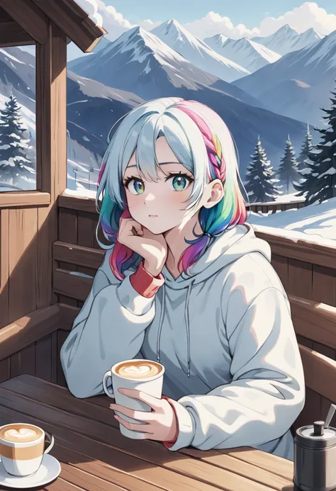 A young woman with tied-up colored hair and eyes resembling a rainbow, listening to calm music on headphones, holding a cup of coffee, dressed in cold weather clothing, in a chalet at the base of a mountain. An image that inspires calmness, tranquility, li...