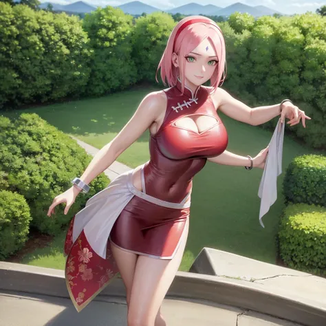 realisticlying， realisticlying，cowboy lens，tmasterpiece，hoang lap，1girll，Sakura Haruno，forehead mark，red hairband，Red cheongsam，white stockings，nabel，groin，bangle，looking at viewert，ssmile，SakuraNS，Private garden，ventania，Floating hair，big cleavage breasts...